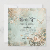 Romantic Teal Steampunk Gears Wedding Invitation Einladung (Vorderseite)