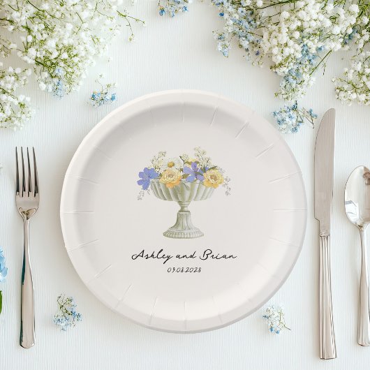 Romantic Tuscan Garden Urn with Flowers Wedding Pappteller