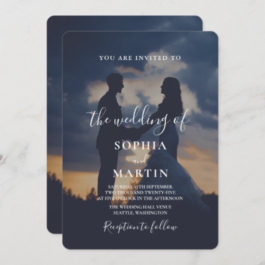 Romantic Twilight Silhouette Photo Script Wedding Einladung (Vorne/Hinten)