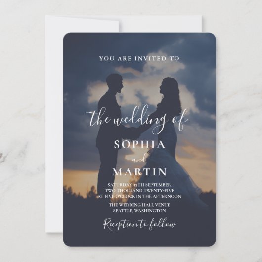Romantic Twilight Silhouette Photo Script Wedding  Einladung (Vorderseite)