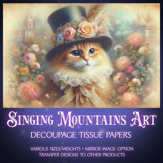 Romantic Victorian Garden Cat Decoupage  Seidenpapier