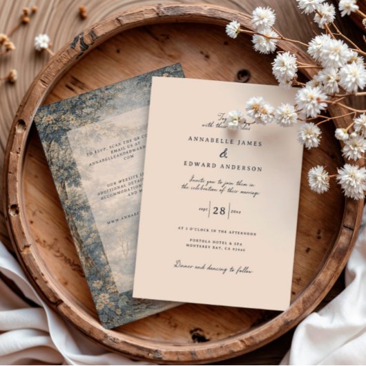 Romantic Vintage Botanical Blue Beige tapestry Einladung