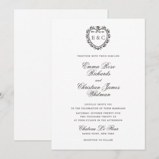 Romantic Vintage Monogram Crest Wedding Einladung (Vorne/Hinten)