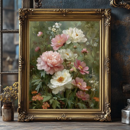 Romantic Vintage Peonies and Wildflowers Fine Art Poster