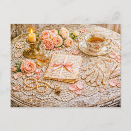 Romantic Vintage Still Life with Tea, Roses and Le Postkarte