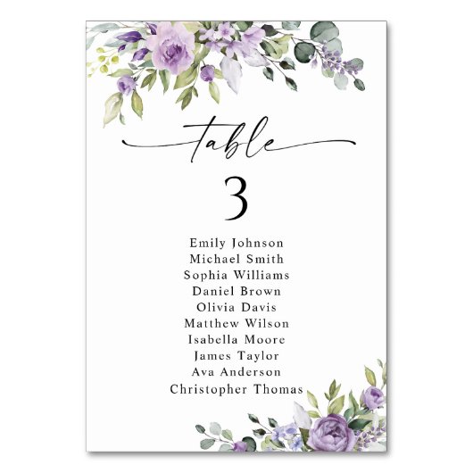 Romantic Violet Flower Table Seating Chart Cards Tischnummer (Vorderseite)