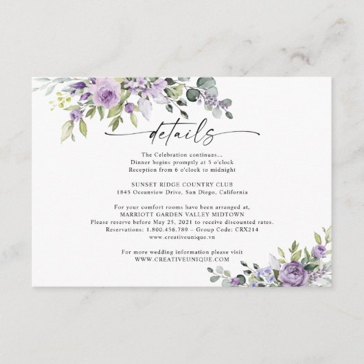 Romantic Violet Flowers Wedding Details Card Begleitkarte (Vorderseite)