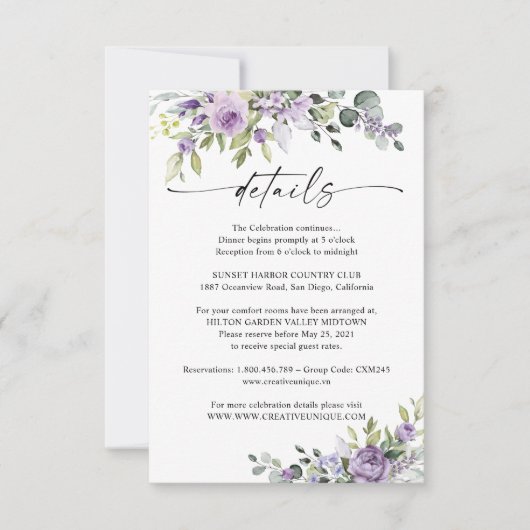 Romantic Violet Flowers Wedding Details Card RSVP Karte (Vorderseite)
