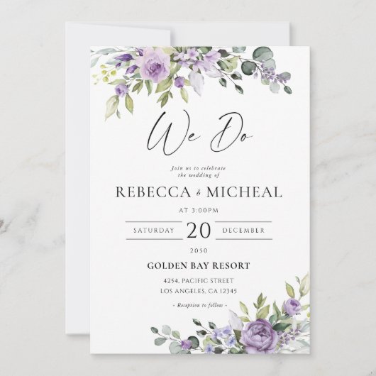 Romantic Violet Flowers Wedding Invitation Einladung (Vorderseite)
