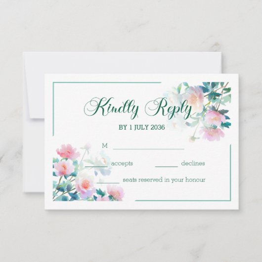 Romantic Watercolor Blush Pink Floral Wedding RSVP Karte (Vorderseite)