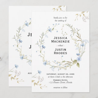 Romantic Watercolor Dusty Blue Wildflower Wedding Einladung