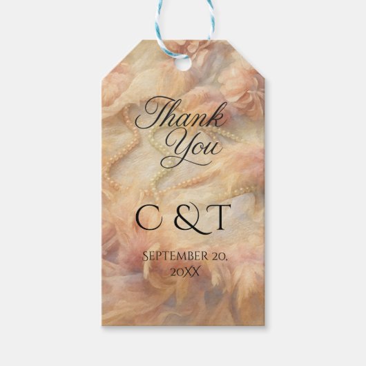 Romantic Watercolor Floral Pearls Feathers Wedding Geschenkanhänger (Vorderseite)