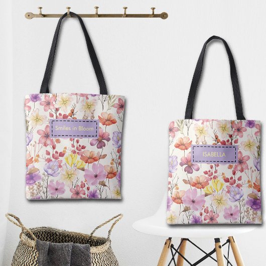 Romantic Watercolor Florals Custom Name & Quote Tasche