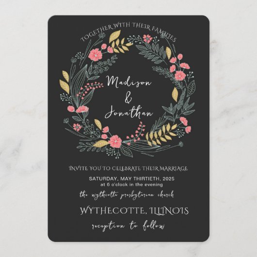 Romantic Watercolor Flower Wreath Wedding Einladung (Vorderseite)