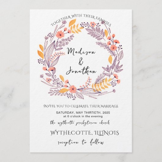 Romantic Watercolor Flower Wreath Wedding Einladung (Vorderseite)