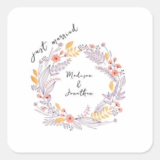 Romantic Watercolor Flower Wreath Wedding Quadratischer Aufkleber (Vorderseite)