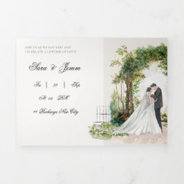 Romantic Watercolor Garden Wedding Invitation | El Dreifach Gefaltete Einladung