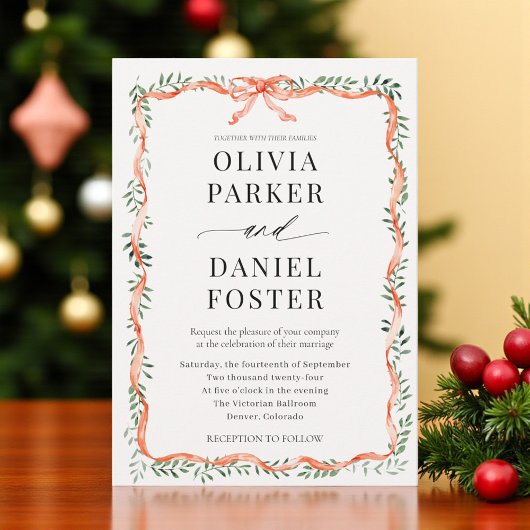 Romantic Watercolor Greenery Red Bow Wedding Einladung