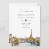 Romantic Watercolor Paris Frankreich QR Code Weddi Einladung (Vorne/Hinten)