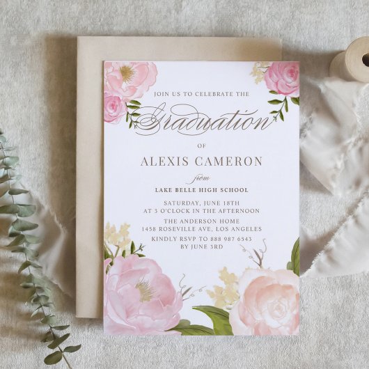 Romantic Watercolor Peonies Graduation Einladung