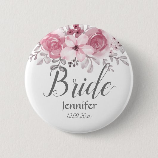 Romantic Watercolor Pink Florals Mr & Mrs Wedding Button (Vorderseite)