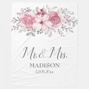 Romantic Watercolor Pink Florals Mr & Mrs Wedding Fleecedecke