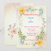 Romantic Watercolor Pink & Yellow Flower Wedding  Einladung (Vorne/Hinten)