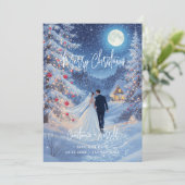 Romantic Wedding Scene Toward Christmas Cabin Save The Date (Stehend Vorderseite)