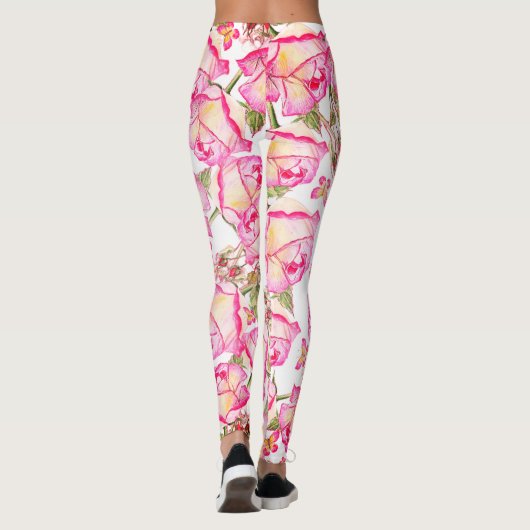 Romantic white pink yellow summer rose floral leggings (Rückseite)