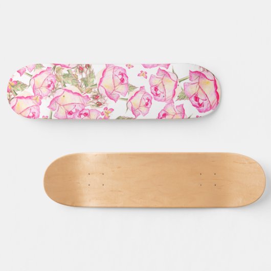 Romantic white pink yellow summer rose floral skateboard (Horizontal)