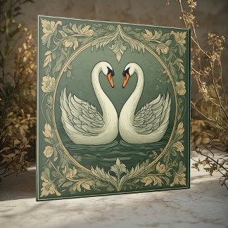 Romantic White Swan Couple Art Deco Pond Green Sea Fliese