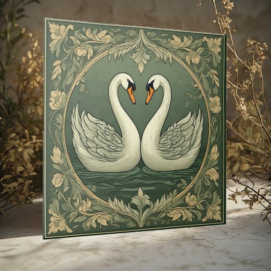 Romantic White Swan Couple Art Deco Pond Green Sea Fliese