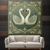 Romantic White Swan Couple Art Deco Pond Green Sea Fliese