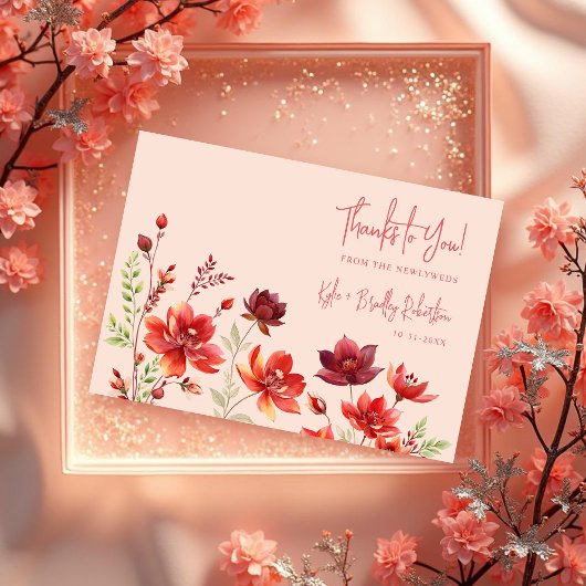 Romantic Wildflowers Juicy Red Pink Wedding Dankeskarte