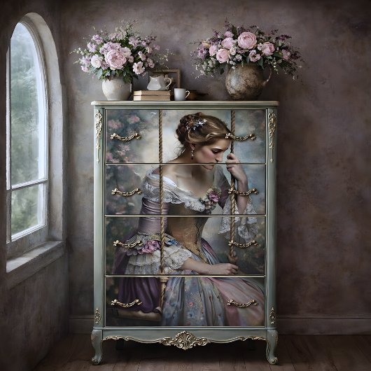 Romantic Woman on Swing Floral Decoupage Seidenpapier