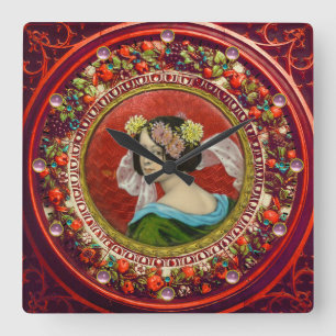 ROMANTIC WOMAN WITH FLOWERS VINTAGE ENAMEL QUADRATISCHE WANDUHR