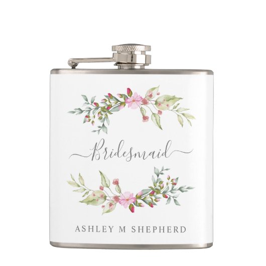 Romantic Wreath in Pink for Bridesmaids Flachmann (Vorderseite)