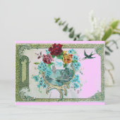 ROMANTICA 3 Blumenblauer Rosa Hochzeitstag Einladung (Stehend Vorderseite)