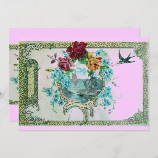 ROMANTICA 3 Blumenblauer Rosa Hochzeitstag Einladung (Vorne/Hinten)