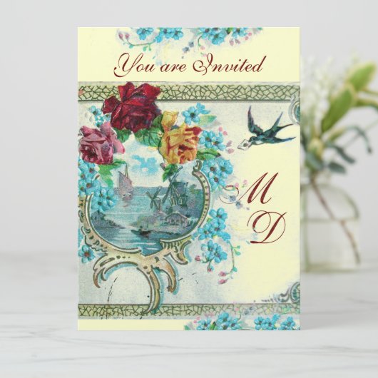 ROMANTİCA 3 ELEGANT GOLD BLAUE WEDING MONOGRAM EINLADUNG (Stehend Vorderseite)