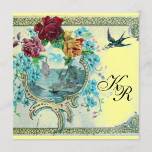 ROMANTİCA 3 MONOGRAMM, Blau Gelbe Hochzeit Ankündigung