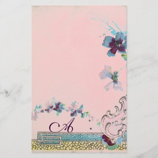 ROMANTİCA Blue Pink Wedding Floral Monogram Briefpapier (Vorderseite)
