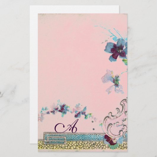 ROMANTİCA Blue Pink Wedding Floral Monogram Briefpapier (Vorne/Hinten)