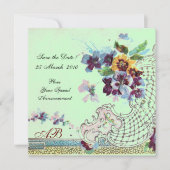 ROMANTICA Blumenblauer Rosa Grüne Hochzeitmonogram Einladung (Vorderseite)