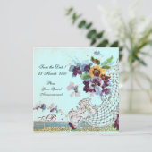 ROMANTICA Floral Pink Aquamarin Blue Wedding Monog Save The Date (Stehend Vorderseite)
