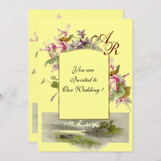 ROMANTİCA MONOGRAM / CYCLAMENS, rosa, gelb Einladung (Vorne/Hinten)