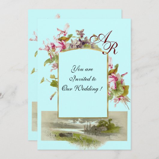 ROMANTİCA MONOGRAM / CYCLAMENS, rosa, grünblau Einladung (Vorne/Hinten)