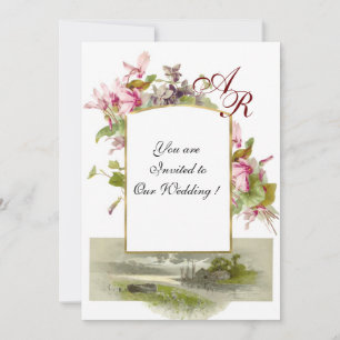 ROMANTİCA MONOGRAM/CYCLAMENS, rosa, grüne Weiß Einladung