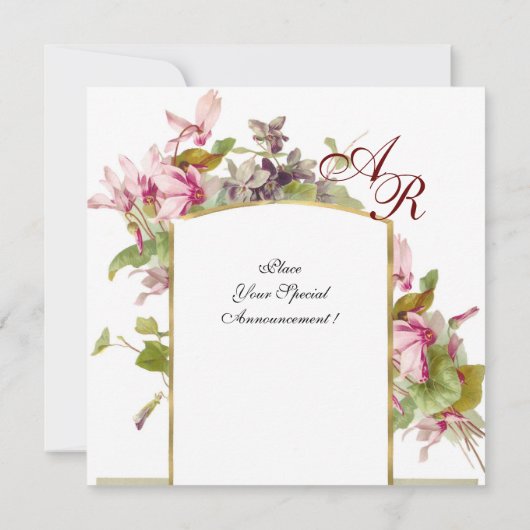ROMANTİCA MONOGRAM/CYCLAMENS, rosa, grüne Weiß Einladung (Rückseite)