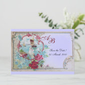 ROMANTICA MONOGRAM Floral Pink Blue Wedding Party Save The Date (Stehend Vorderseite)